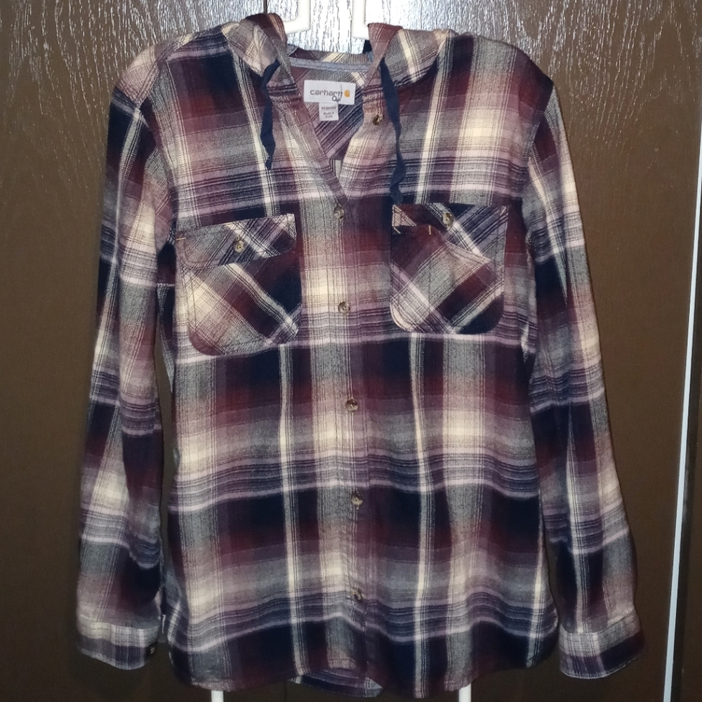 Carhartt Plaid Hooded Shirt - Size Medium (6-8) - Colors: Burgundy, Brown, White